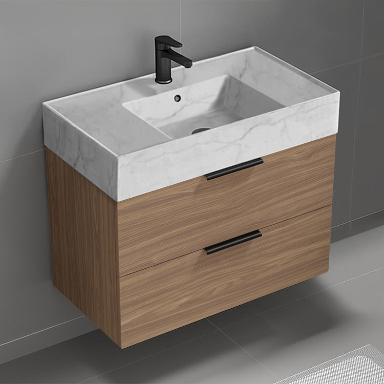 Nameeks DERIN751 Walnut Bathroom Vanity With Marble Design Sink, Wall Mounted, Single, 32 Inch, Modern
